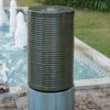 44" Tall Large Round Green Ribbed Tower Water Fountain, Verge Bronze, Cement Outdoor Bird Feeder / Bath Fountain